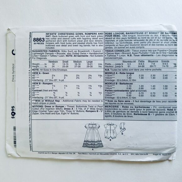 HEIRLOOM Christening Baptismal Gown McCall's Pattern 8863 Romper Bonnet UNCUT - Picture 3 of 3